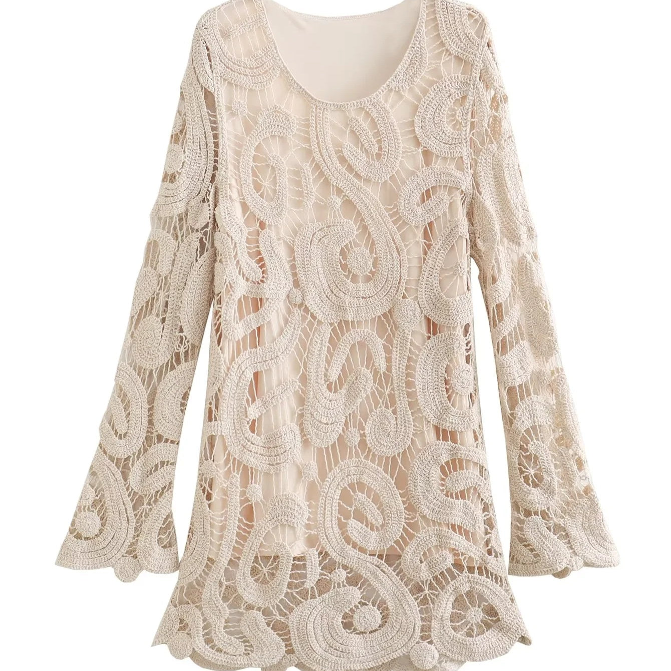 Women's Fashion Temperament Round Neck Loose Long Sleeves Crocheted Knitted Dress