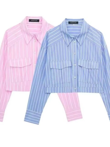 Modern cropped blouses with stripe pattern and button front, featuring chest pockets for a trendy, casual look.