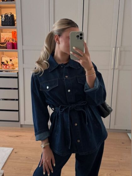 Dark Elegance Denim Set featuring a belted jacket and high-waist jeans in dark wash for a stylish, modern look.