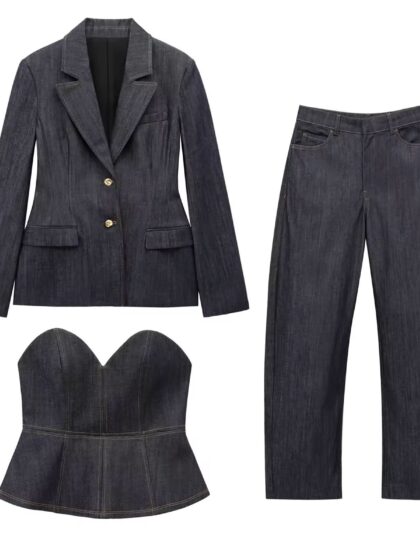 Dark denim jeans and jacket set with a matching strapless top.
