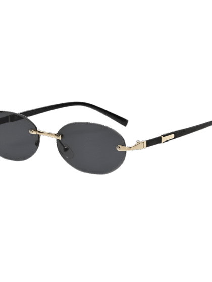 Minimalistische ovale Sonnenbrille mit goldenen Akzenten und dunklen Gläsern.