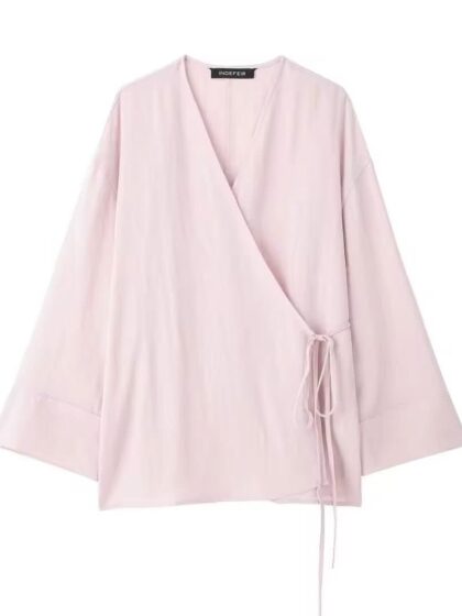 Light pink wrap blouse, long sleeves, side tie detail, Keine.