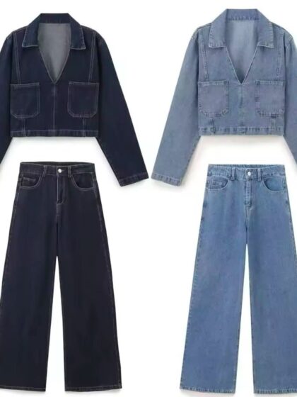 Perfect Match Denim Set in classic dark blue and trendy light blue, featuring a cropped jacket and wide-leg pants.