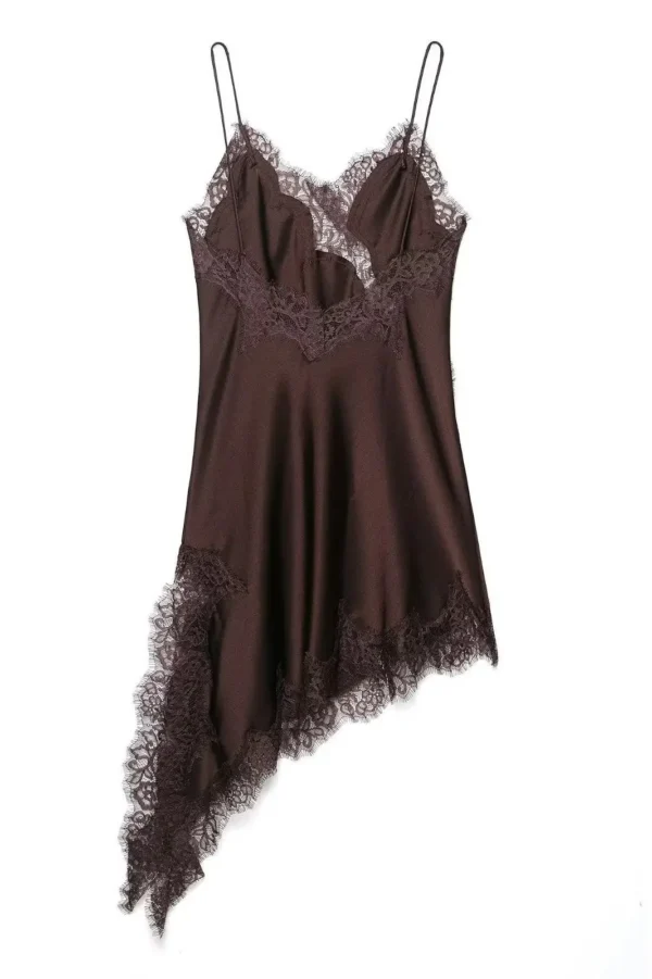 Elegantes Satin Slip Dress in Schwarz mit feiner Spitzenverzierung